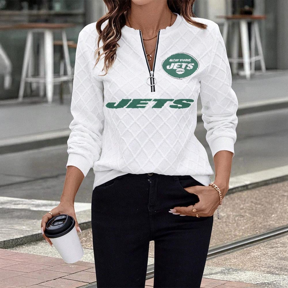 NYJ x NFL Women's Knit Textured Fabric Zip Up Sweatshirt DDT CTND
