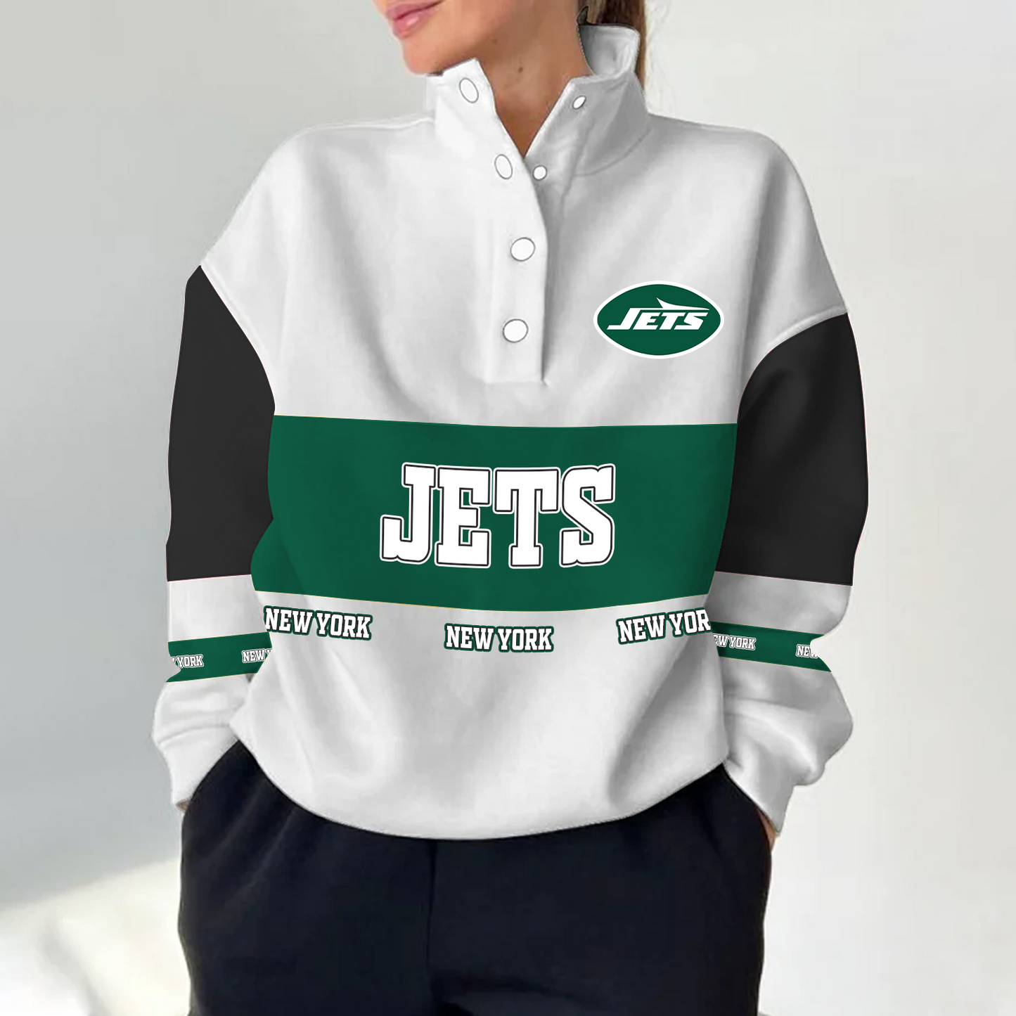 NYJ x NFL Women's Retro Casual Snap Mockneck Pullover DATND TANTD