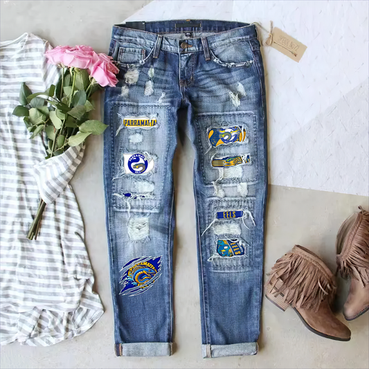 Parramatta Eels NRL 2025 Stretch Ripped Frayed Raw Hem Distressed Denim Jeans With Hole TM NTA V1