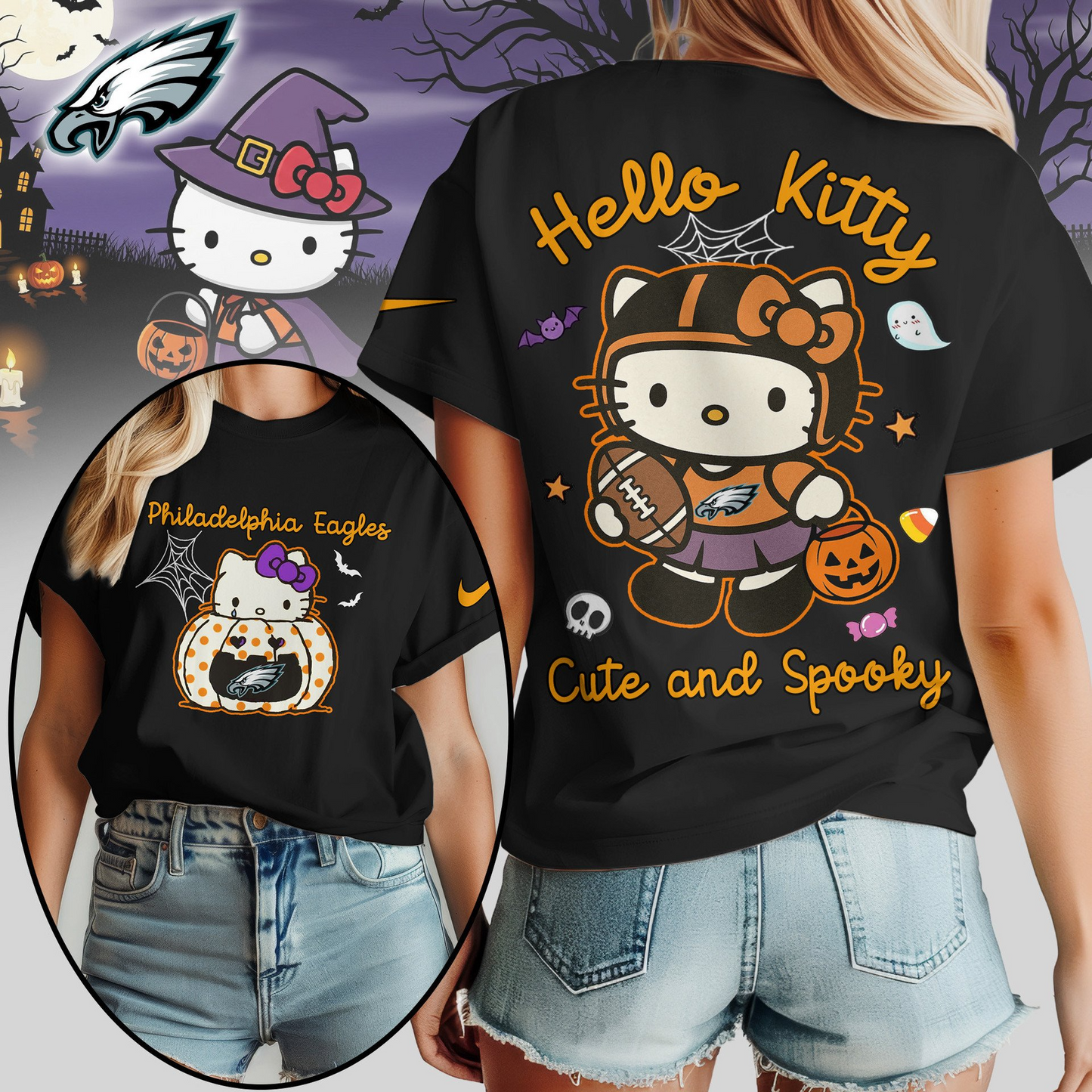 PE Premium NFL Hello Kitty Cute & Spooky Halloween Women Shirt DDT CTND