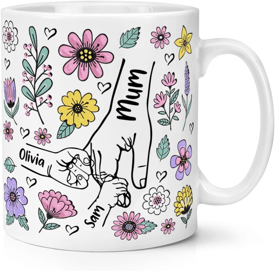 Personalised Hands Holding 10oz Mug Cup Mum Mothers Day Love Heart Flowers Love Grandma Custom