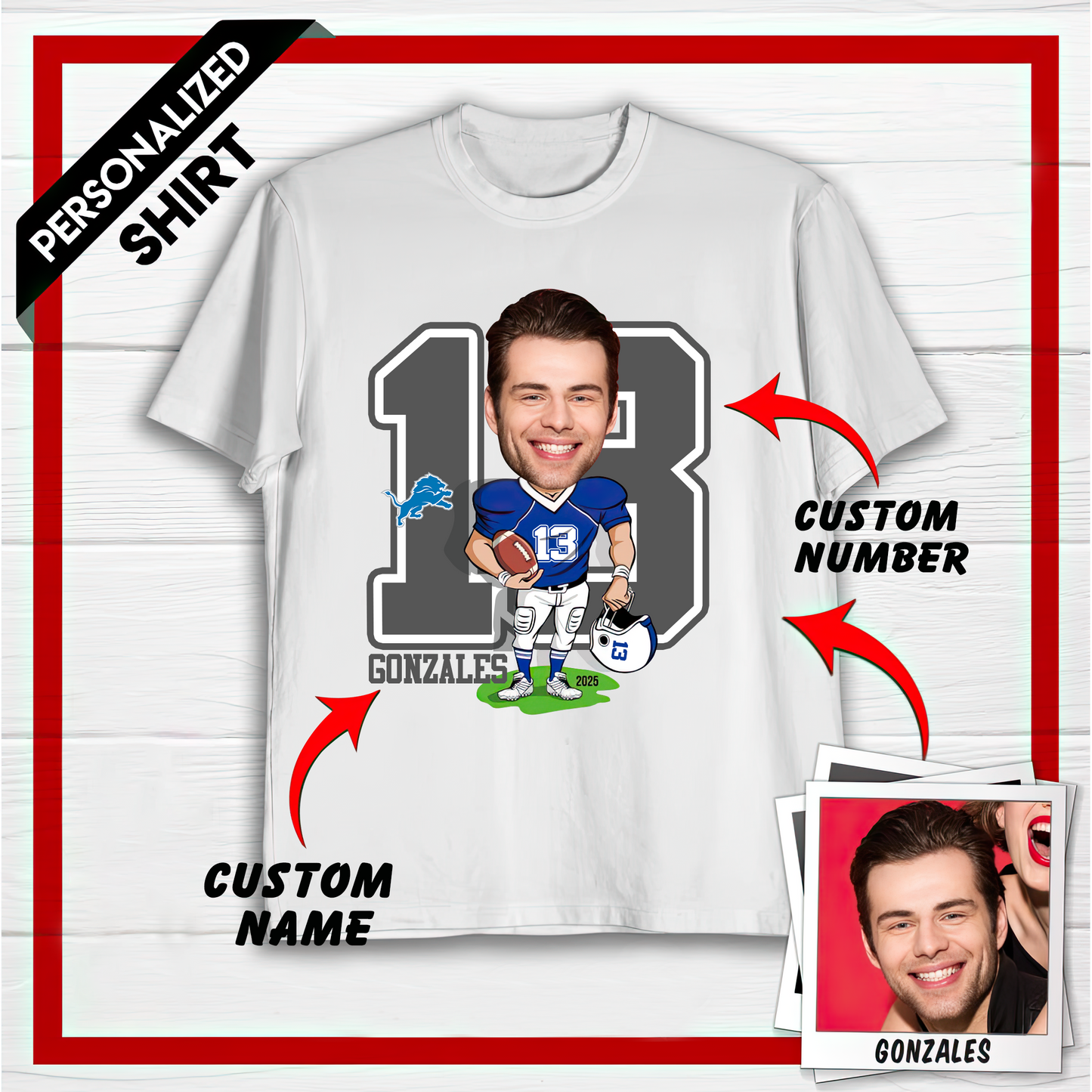 Personalized DL American Football Caricature T-shirt Custom Photo, Name And Number