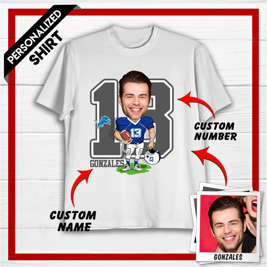 Personalized DL American Football Caricature T-shirt Custom Photo, Name And Number