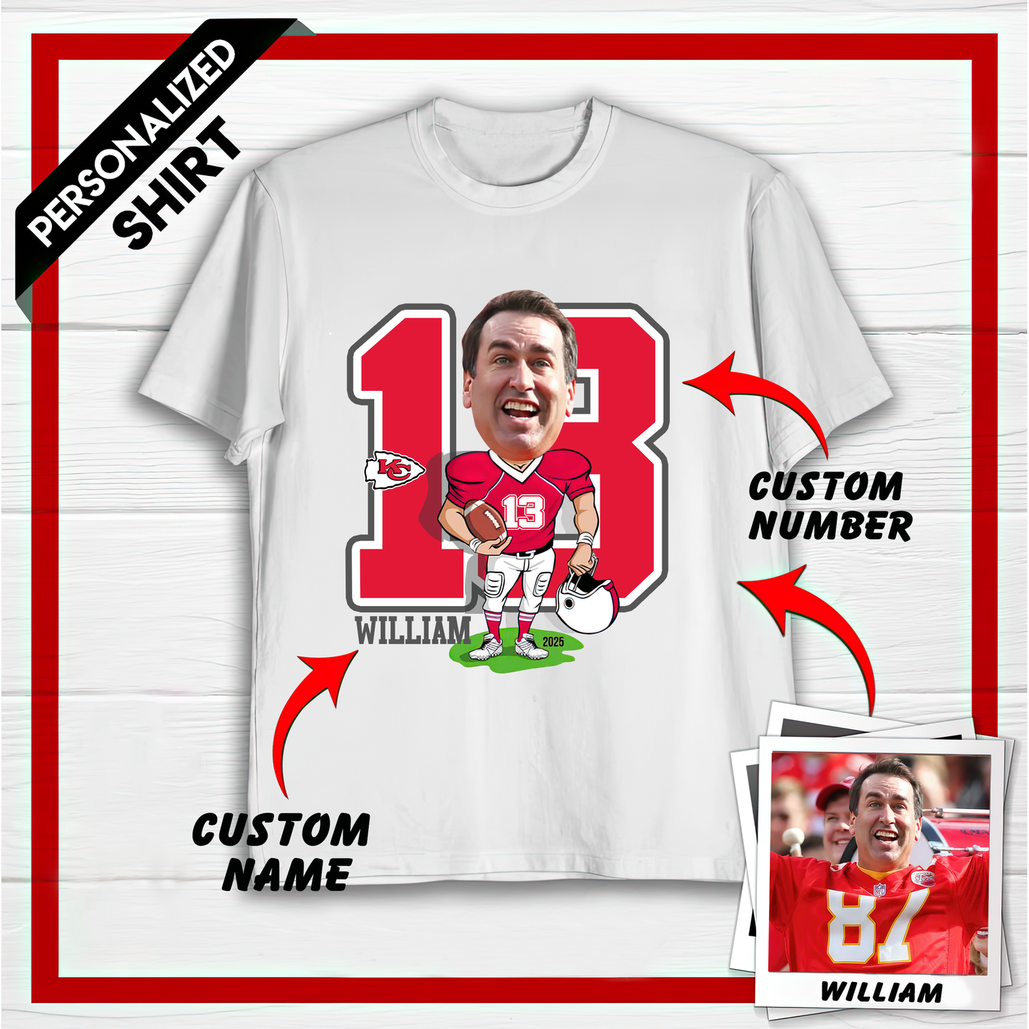 Personalized KCC American Football Caricature T-shirt Custom Photo, Name And Number