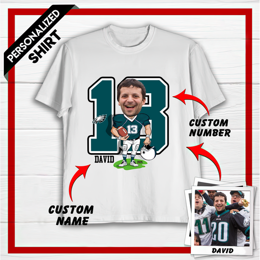 Personalized PE American Football Caricature T-shirt Custom Photo, Name And Number