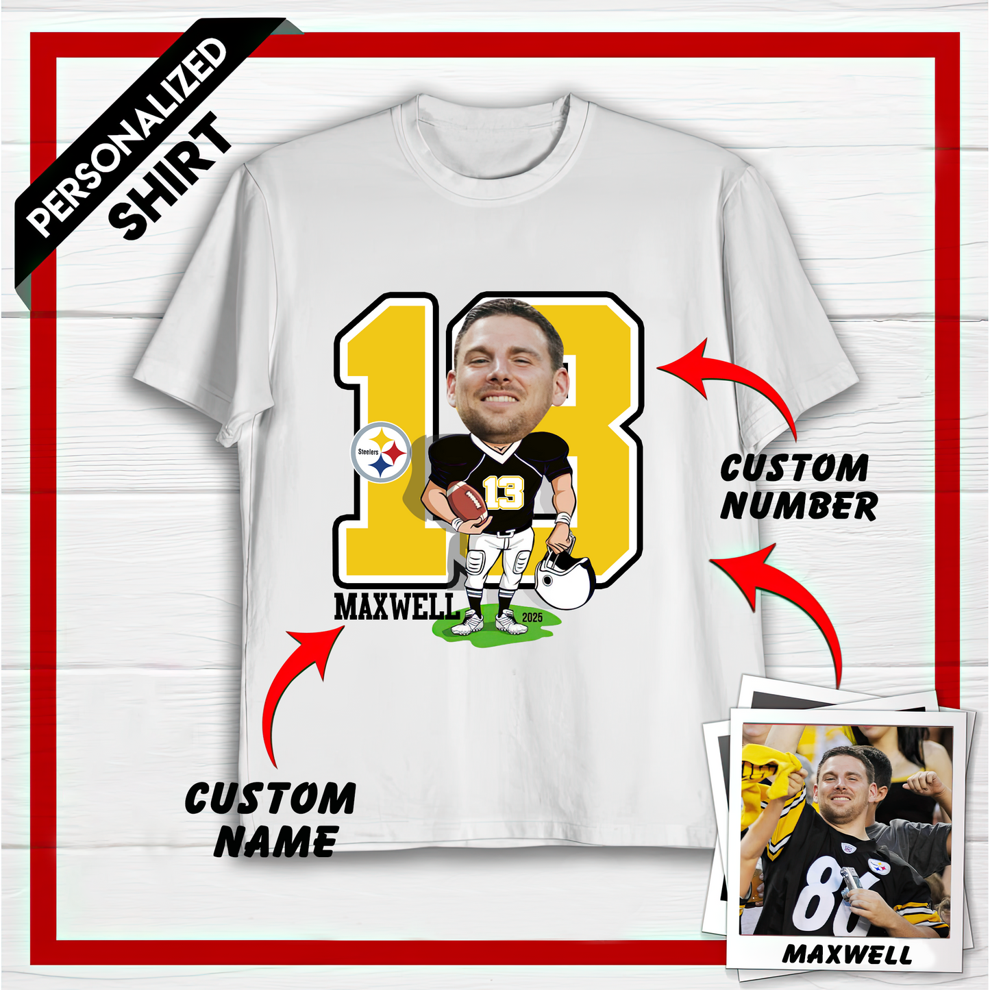 Personalized PS American Football Caricature T-shirt Custom Photo, Name And Number