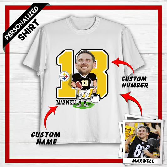 Personalized PS American Football Caricature T-shirt Custom Photo, Name And Number