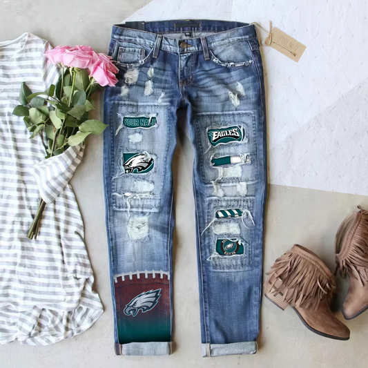Philadelphia Eagles STRETCH RIPPED FRAYED RAW HEM DISTRESSED DENIM JEANS WITH HOLE