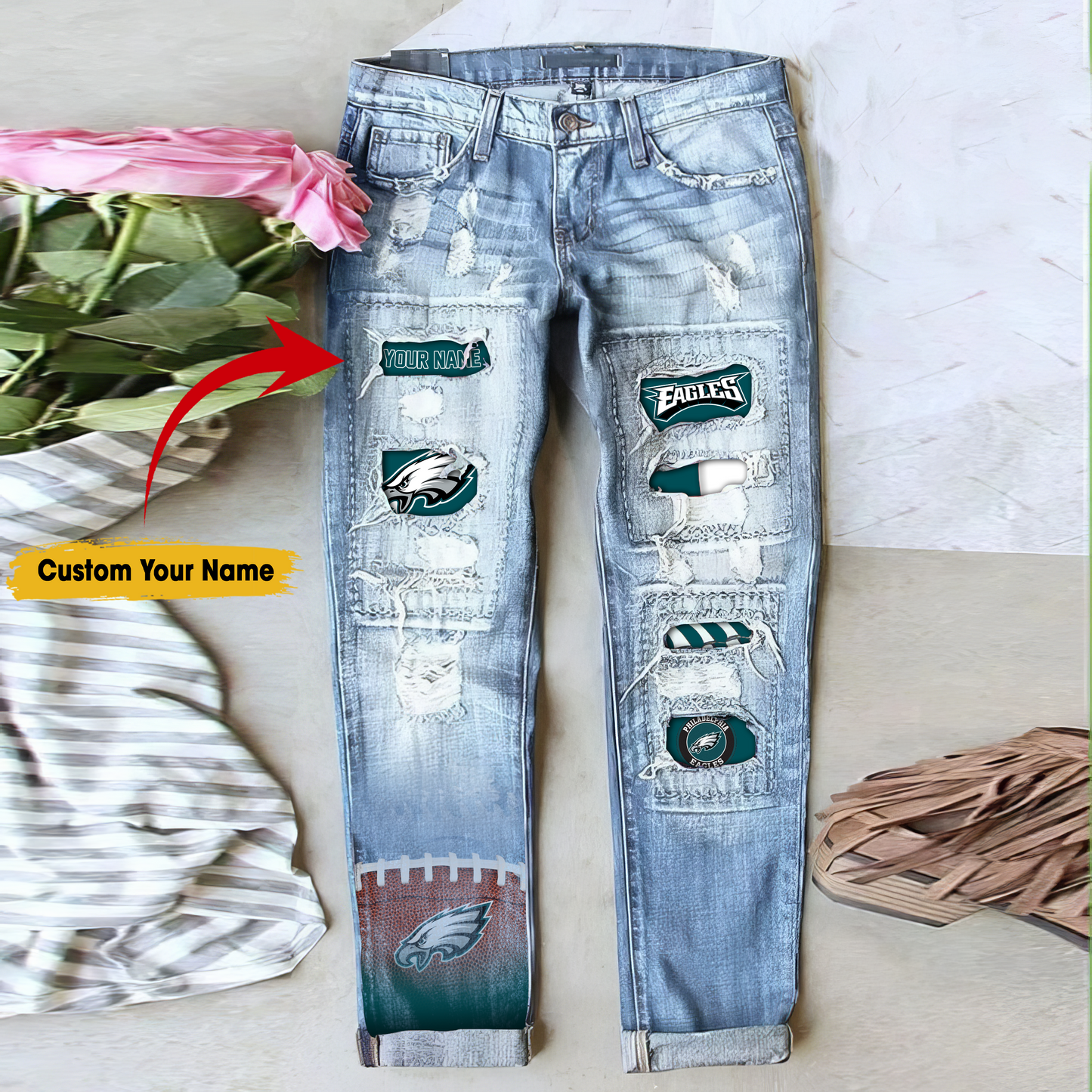 Philadelphia Eagles STRETCH RIPPED FRAYED RAW HEM DISTRESSED DENIM JEANS WITH HOLE