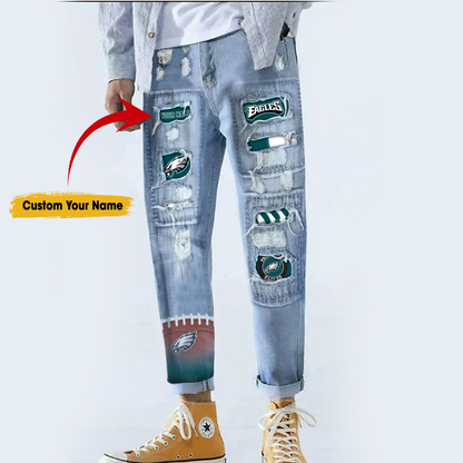 Philadelphia Eagles STRETCH RIPPED FRAYED RAW HEM DISTRESSED DENIM JEANS WITH HOLE