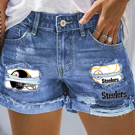 Pittsburgh Steelers Rip Print Fashion Denim Shorts