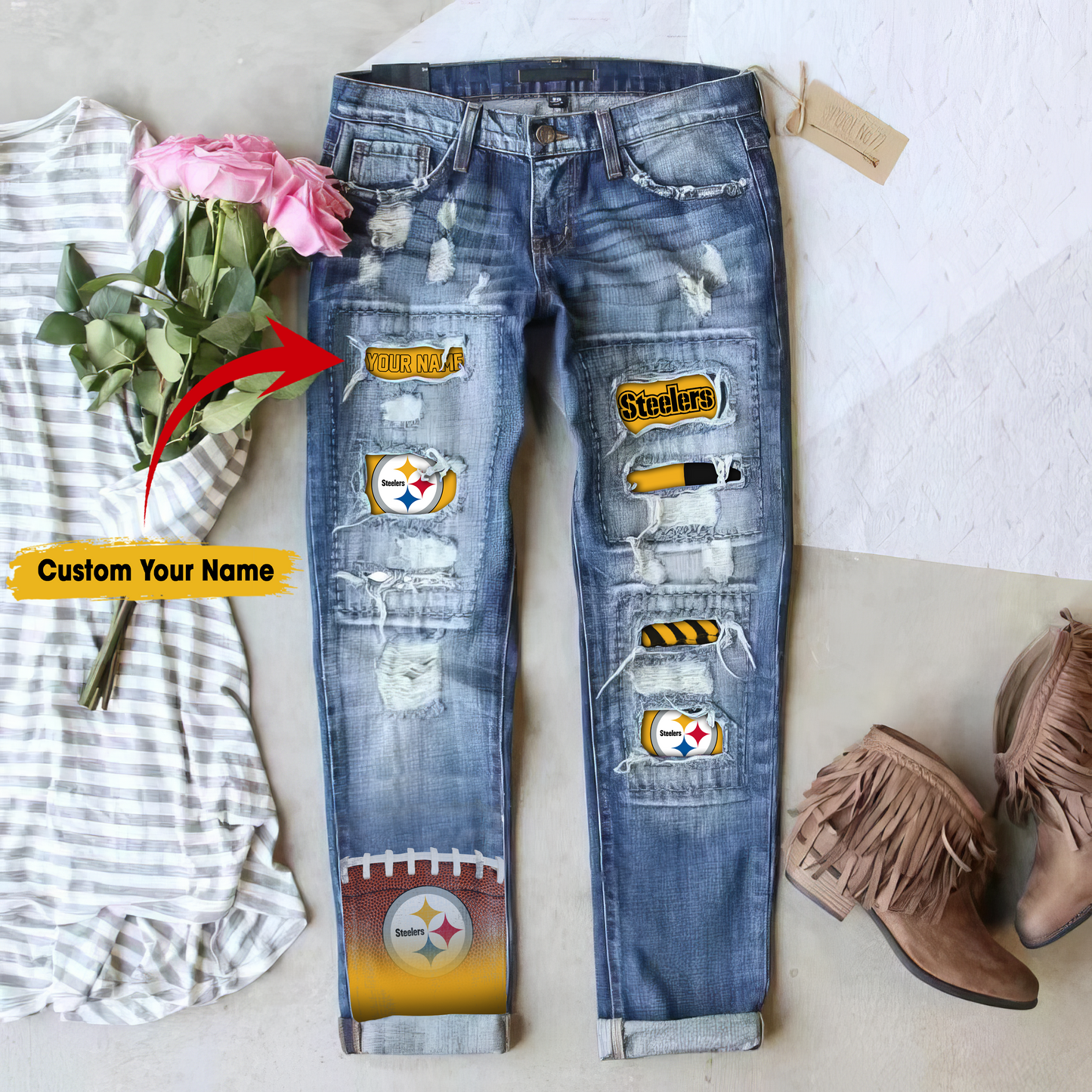 Pittsburgh Steelers STRETCH RIPPED FRAYED RAW HEM DISTRESSED DENIM JEANS WITH HOLE