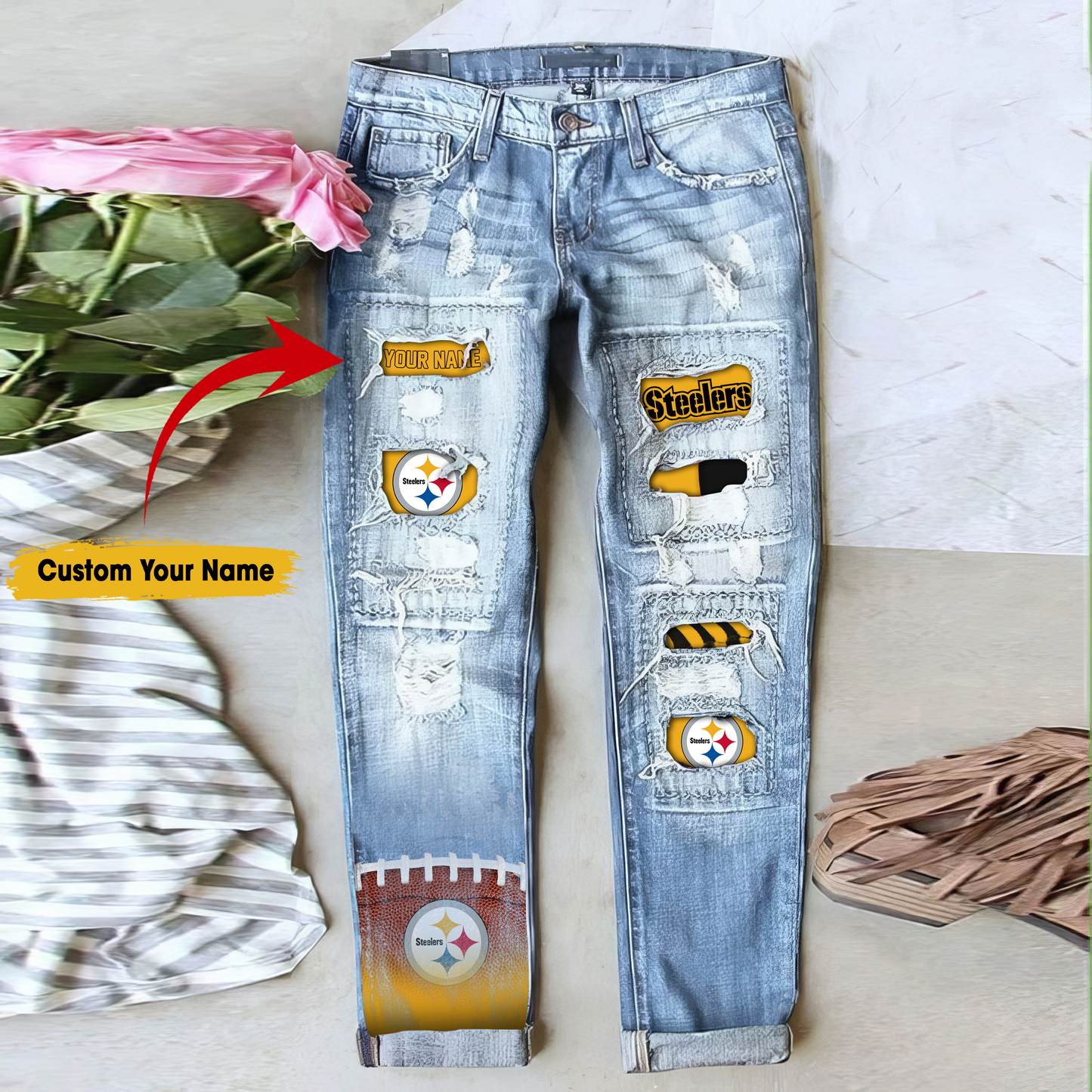 Pittsburgh Steelers STRETCH RIPPED FRAYED RAW HEM DISTRESSED DENIM JEANS WITH HOLE