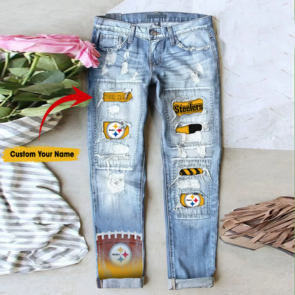 Pittsburgh Steelers STRETCH RIPPED FRAYED RAW HEM DISTRESSED DENIM JEANS WITH HOLE