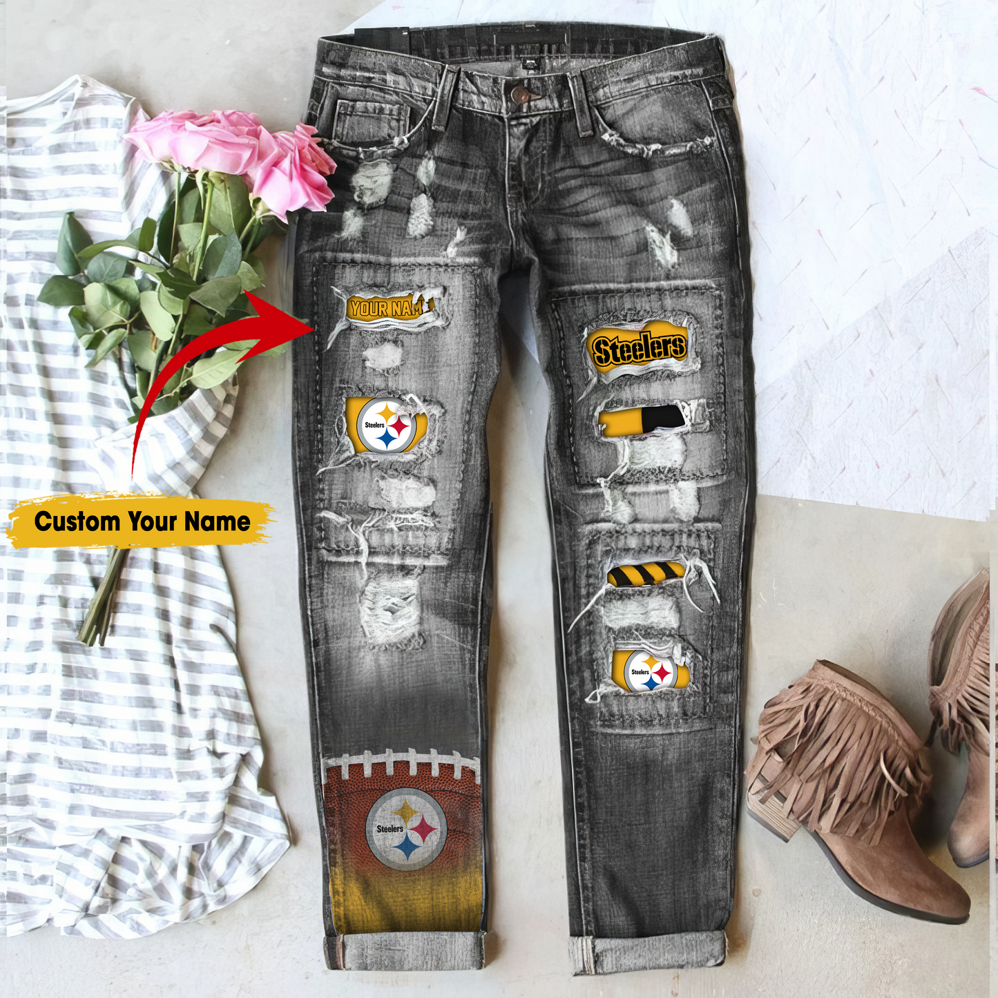 Pittsburgh Steelers STRETCH RIPPED FRAYED RAW HEM DISTRESSED DENIM JEANS WITH HOLE