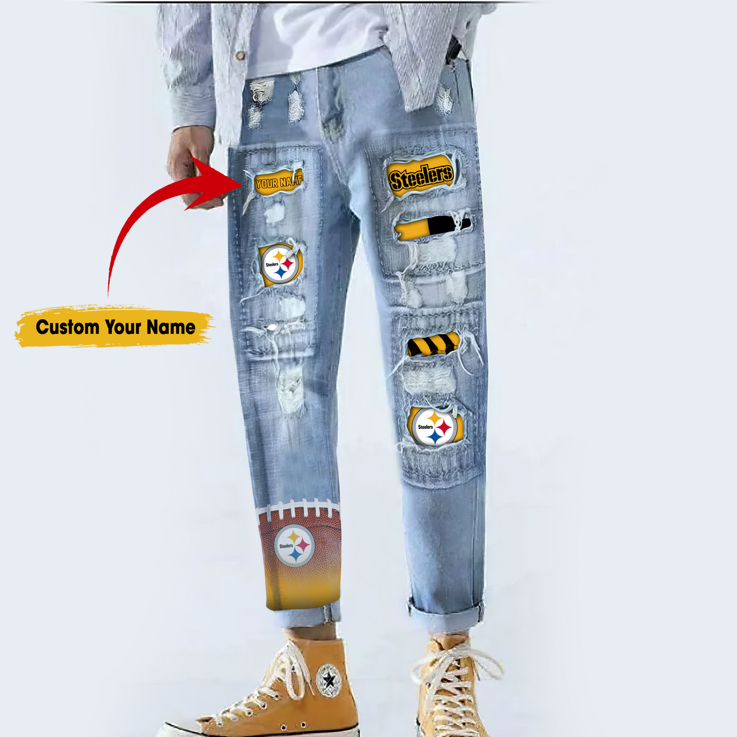 Pittsburgh Steelers STRETCH RIPPED FRAYED RAW HEM DISTRESSED DENIM JEANS WITH HOLE