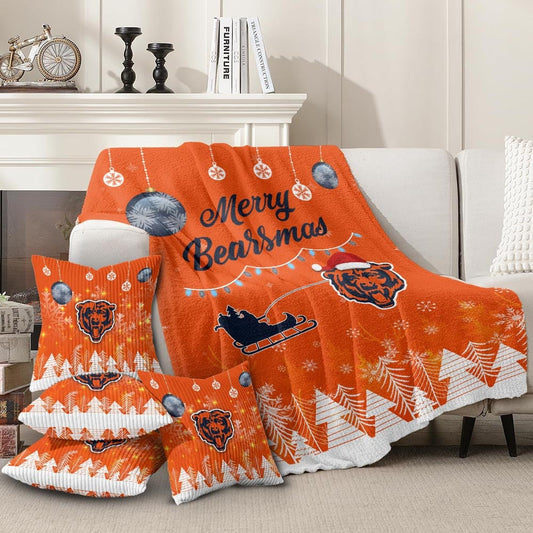 Premium NFL CHI Christmas Fleece Blanket & Throw Pillow Combo V1 NMD NHM
