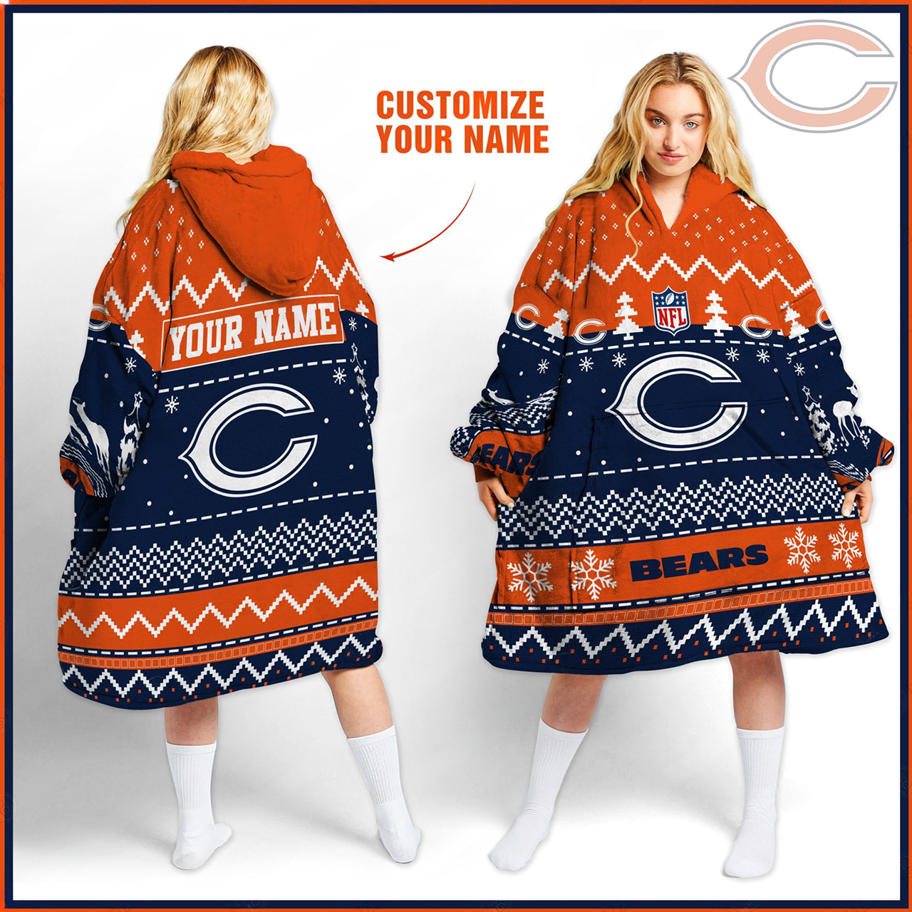 Premium NFL CHI Merry Christmast Fleece Hoodie Blanket V1 NMD TTV