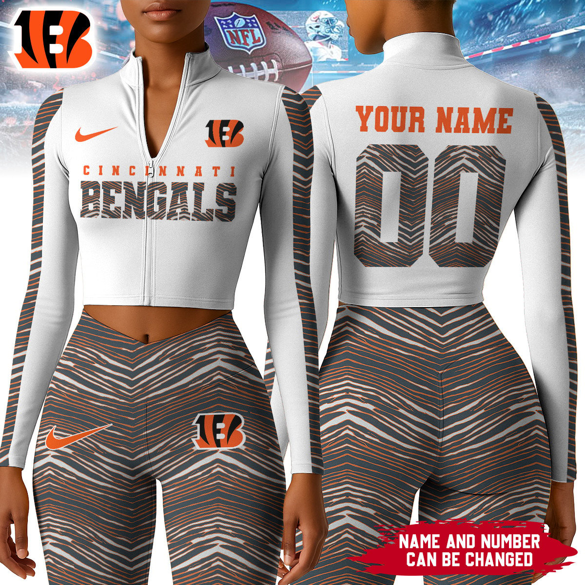 Premium NFL CIN Long-Sleeve Crop Top Sports Jacket and Leggings V1 NMD TTV