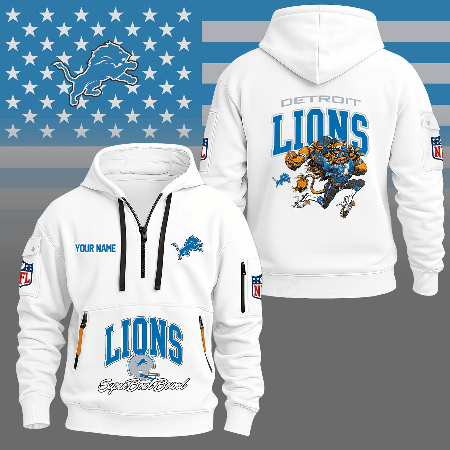 Premium NFL DET Super Bowl Hoodie Half Zipper V1 NMD TTV