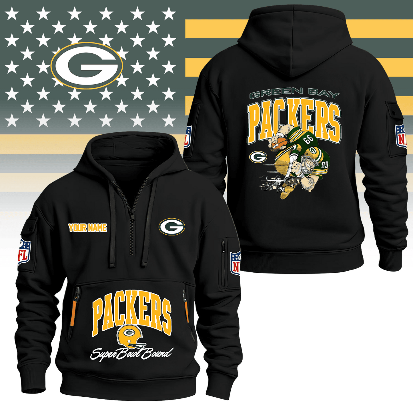 Premium NFL GB Super Bowl Hoodie Half Zipper V1 NMD TTV