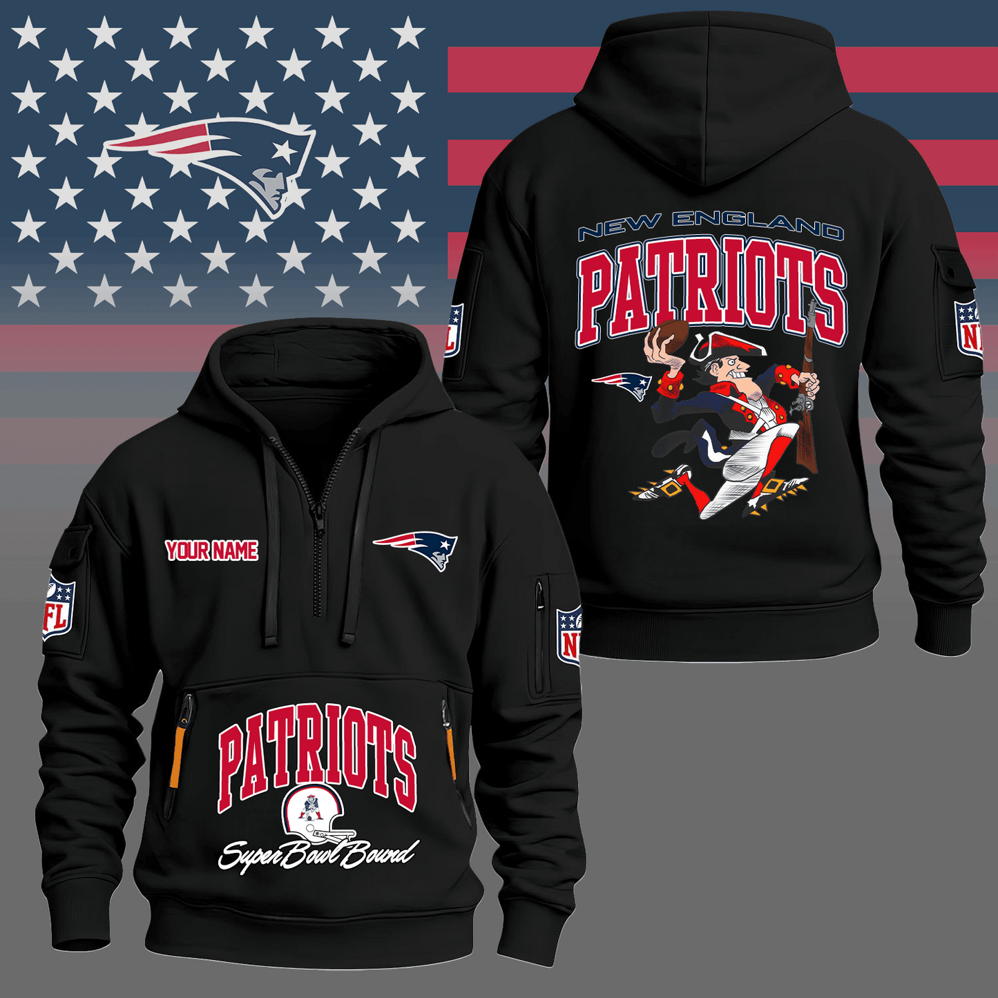 Premium NFL NE Super Bowl Hoodie Half Zipper V1 NMD TTV