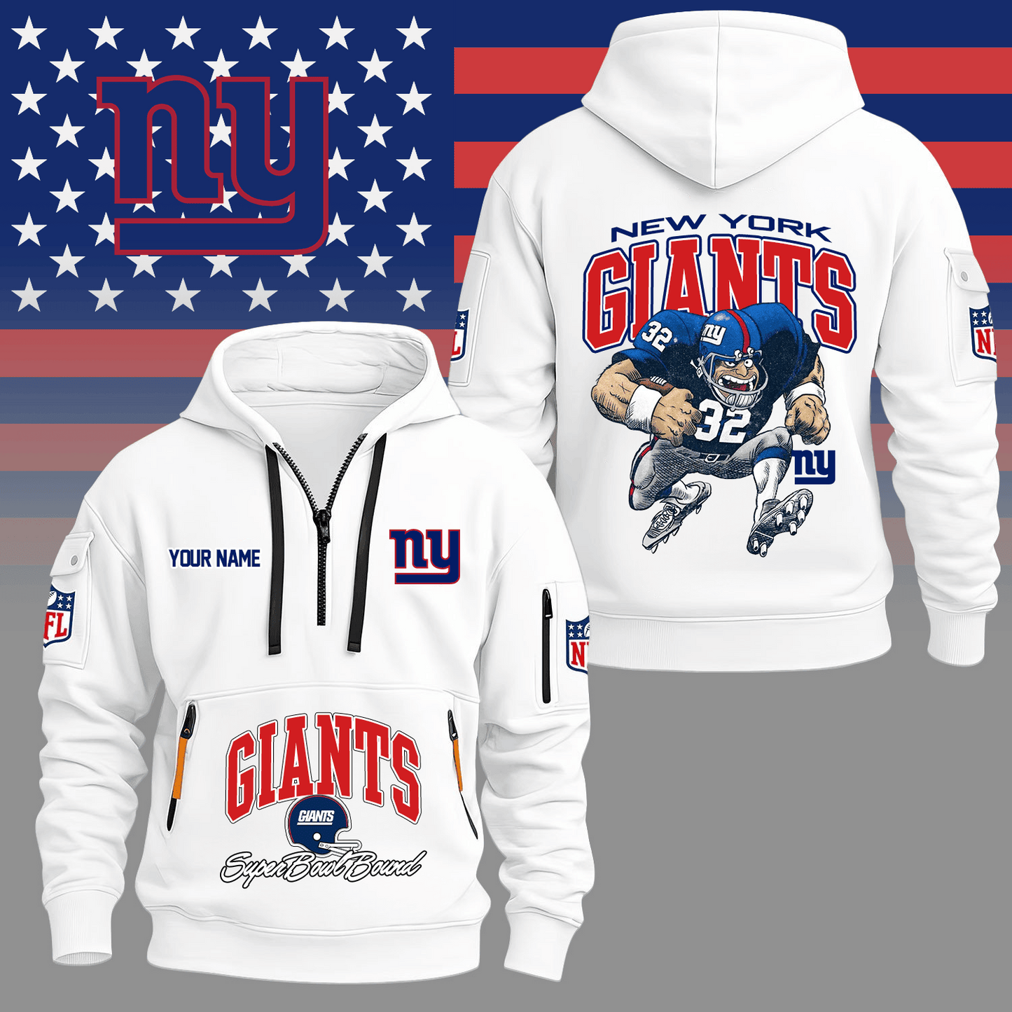 Premium NFL NYG Super Bowl Hoodie Half Zipper V1 NMD TTV