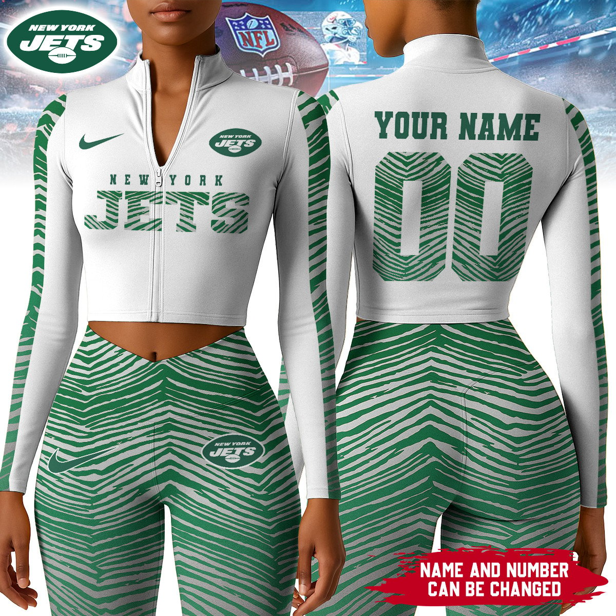 Premium NFL NYJ Long-Sleeve Crop Top Sports Jacket and Leggings V1 NMD TTV