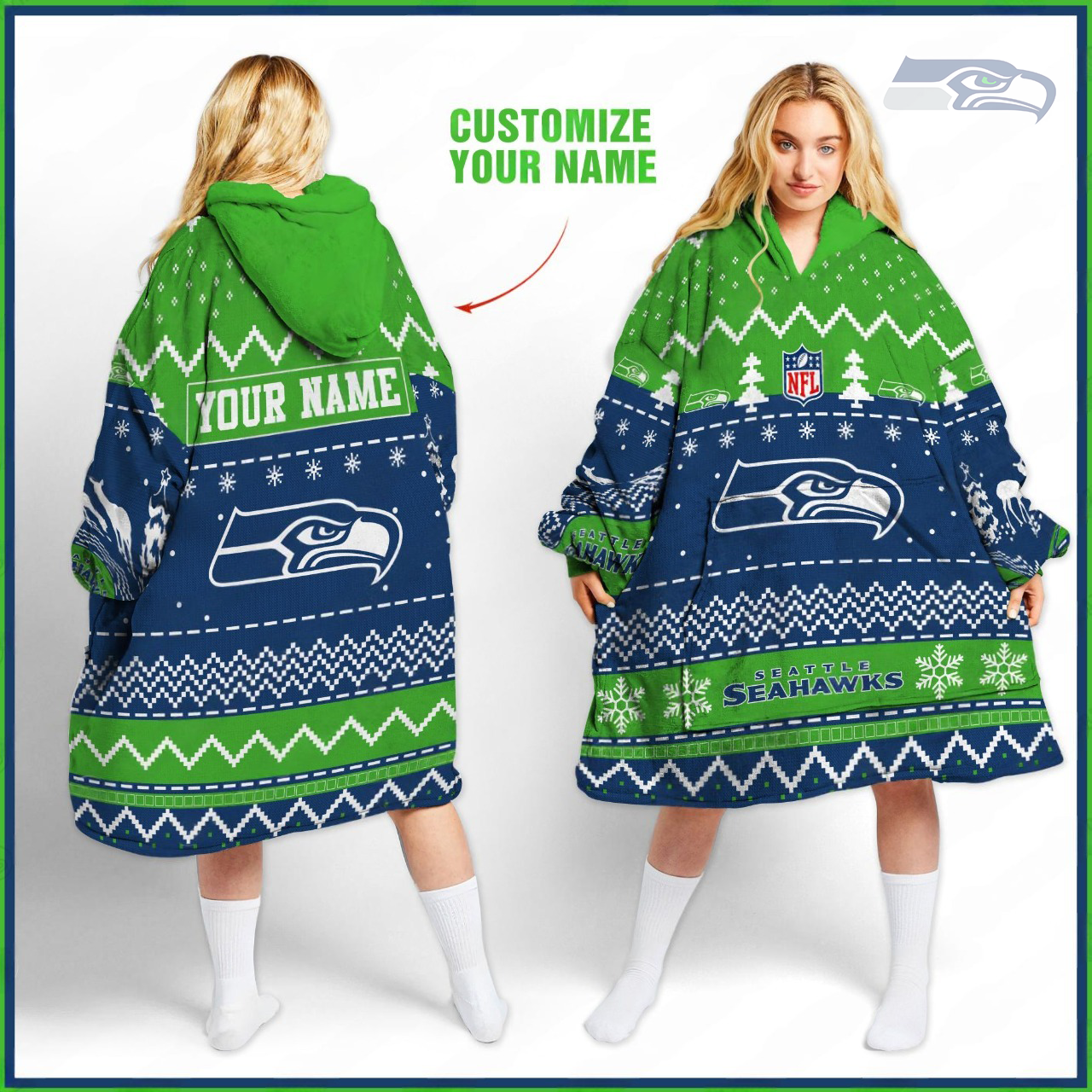 Premium NFL SEA Merry Christmast Fleece Hoodie Blanket V1 NMD TTV