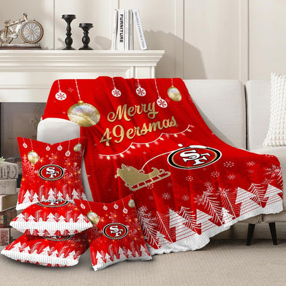 Premium NFL SF Christmas Fleece Blanket & Throw Pillow Combo V1 NMD NHM