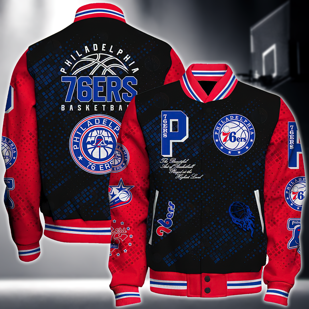 NBA PHILADELPHIA 76ERS NATIONAL BASKETBALL ASSOCIATION VARSITY JACKET V1