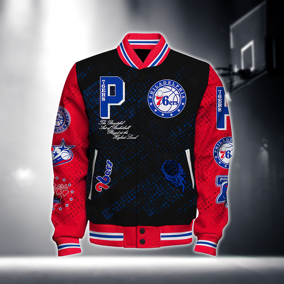 NBA PHILADELPHIA 76ERS NATIONAL BASKETBALL ASSOCIATION VARSITY JACKET V1