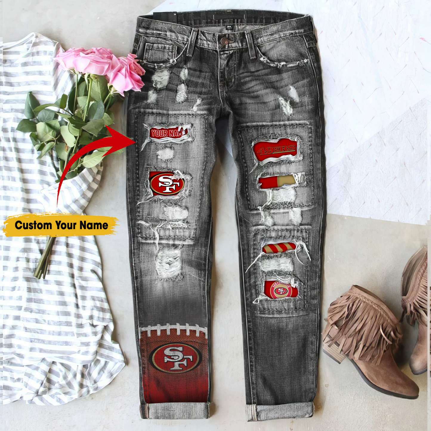 San Francisco 49ers STRETCH RIPPED FRAYED RAW HEM DISTRESSED DENIM JEANS WITH HOLE