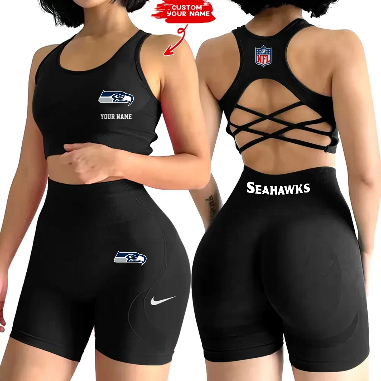 SEA x NFL 2-PCS Women's Seamless Yoga Set Sexy Sport Bra High Waist Sports Shorts DATND TANTD