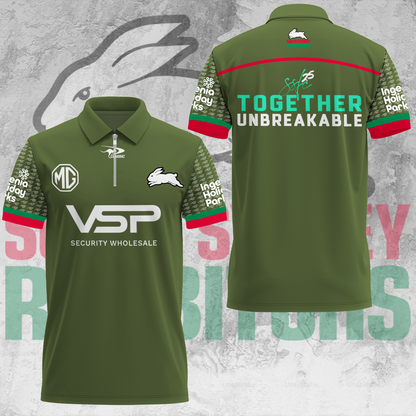 South Sydney Rabbitohs NRL 2025 Limited Edition Zip Polo Shirt TM V1