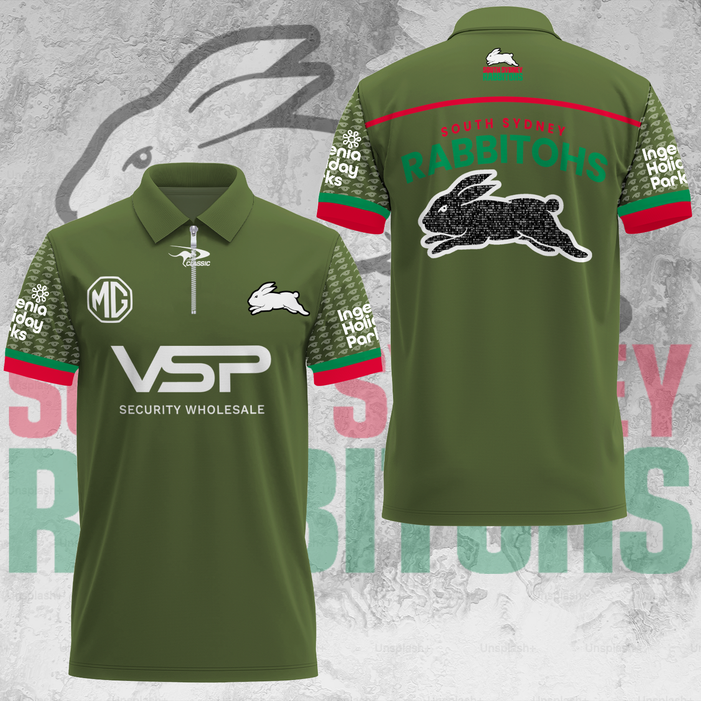 South Sydney Rabbitohs NRL 2025 Limited Edition Zip Polo Shirt TM V2