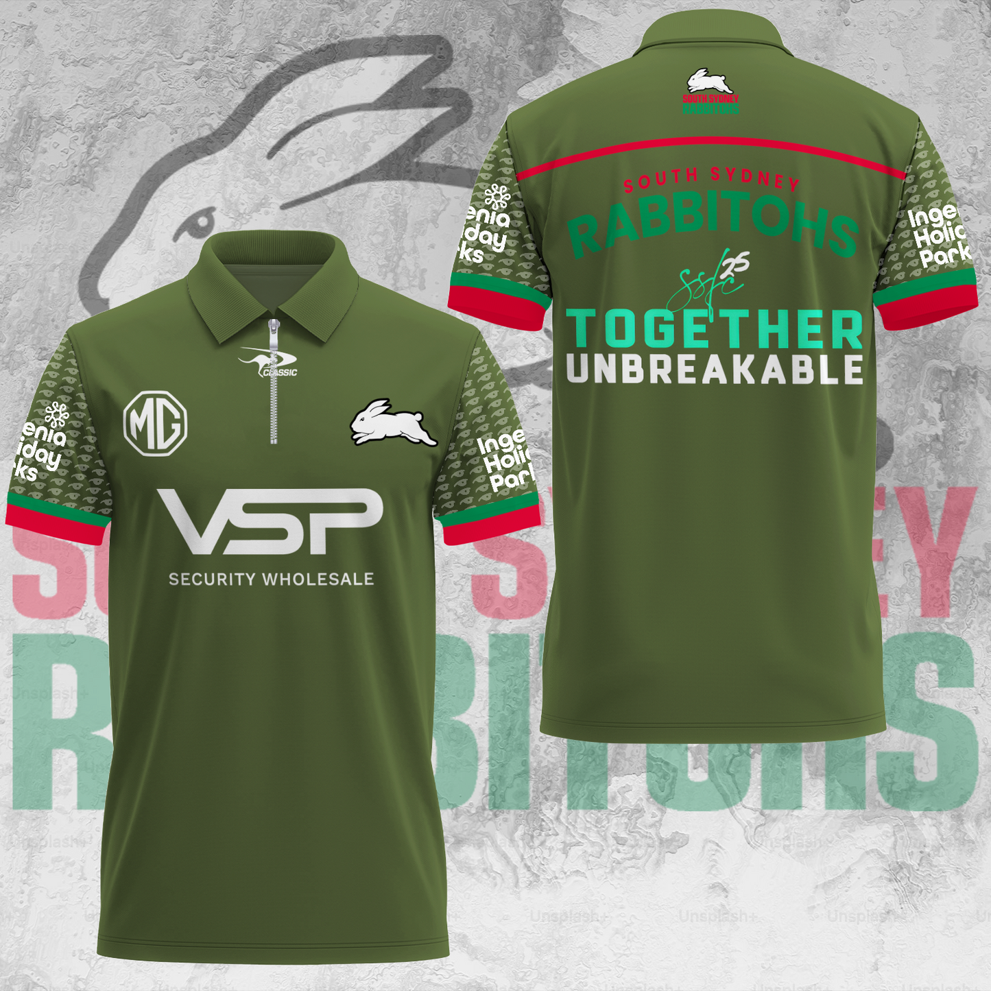 South Sydney Rabbitohs NRL 2025 Limited Edition Zip Polo Shirt TM V3