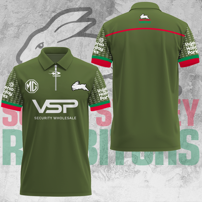 South Sydney Rabbitohs NRL 2025 Limited Edition Zip Polo Shirt TM V4
