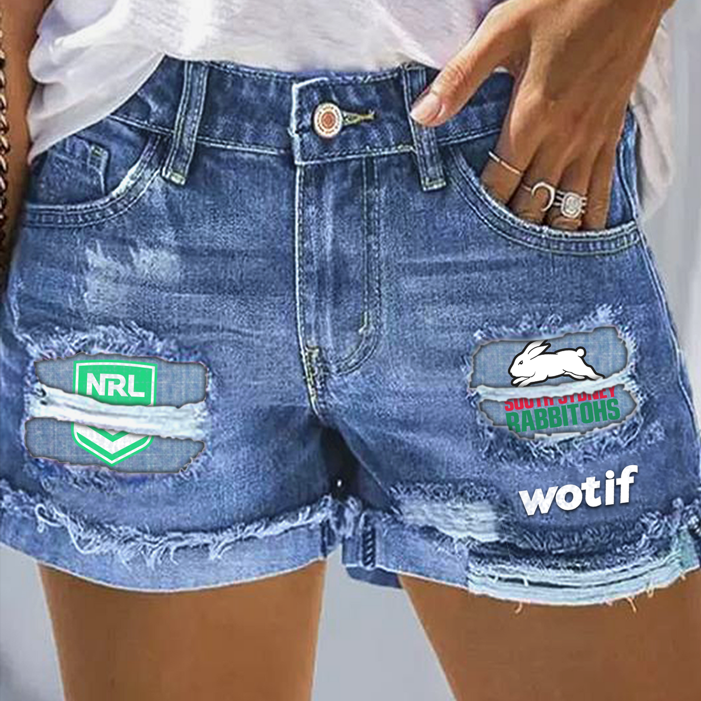 South Sydney Rabbitohs NRL 2025 Print Fashion Denim Shorts TM V1