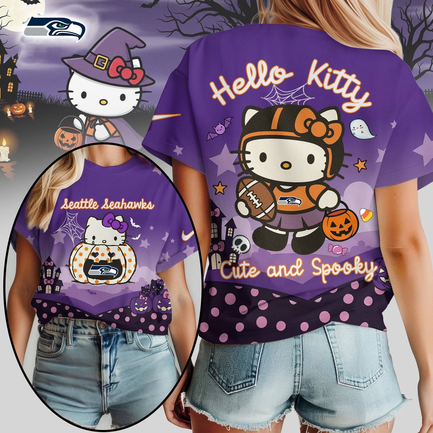SS Premium NFL Hello Kitty Cute & Spooky Halloween Women Shirt DDT CTND