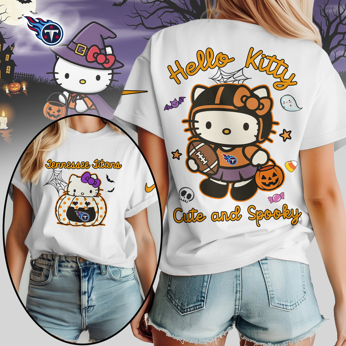 TT Premium NFL Hello Kitty Cute & Spooky Halloween Women Shirt DDT CTND